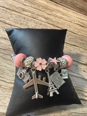 Silver Travel Theme Charm Bracelet with Pink Accents Stainless Steel